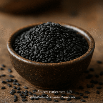 Bol en bois rempli de graines noires de sésame, posé sur une table en bois rustique.