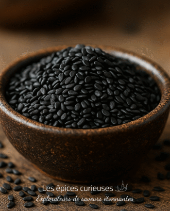 Bol en bois rempli de graines noires de sésame, posé sur une table en bois rustique.