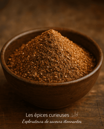 Bol en bois rempli de zeste d'épices marron sur une table en bois rustique, vue de près.