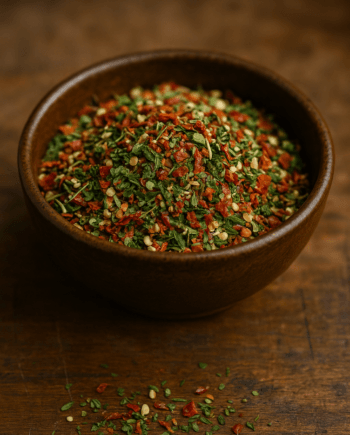Bol d'assaisonnement aux herbes et épices colorées sur une table en bois rustique.