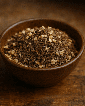 Bol de feuilles de tabac et copeaux naturels sur une table en bois, présentation naturelle et rustique.