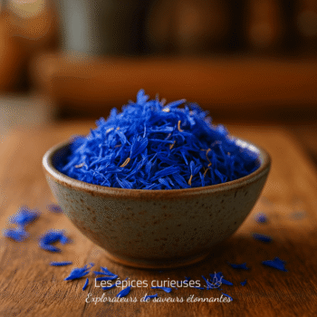 Bol en céramique rempli de fleurs de bleuet séchées sur une table en bois. Idéal pour la décoration ou l'infusion.
