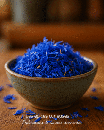 Bol en céramique rempli de fleurs de bleuet séchées sur une table en bois. Idéal pour la décoration ou l'infusion.