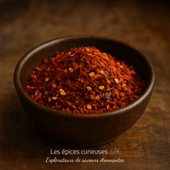 Bol en bois rempli de flocons de piment rouge épicé sur une table en bois rustique.