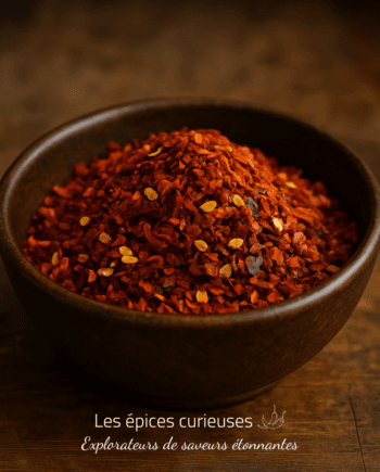 Bol en bois rempli de flocons de piment rouge épicé sur une table en bois rustique.