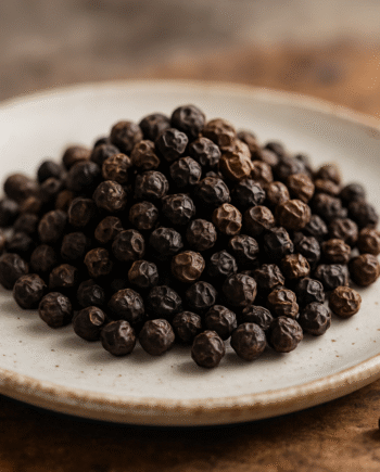 Assiette de grains de poivre noir entiers, épice essentielle pour relever saveurs et arômes des plats cuisinés.