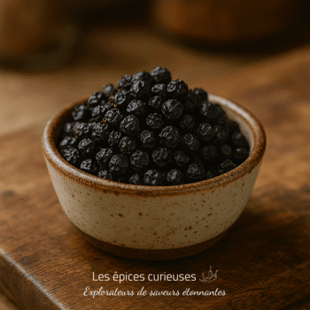 Bol de grains de poivre noir épicés sur une table en bois, idéal pour rehausser les saveurs culinaires.