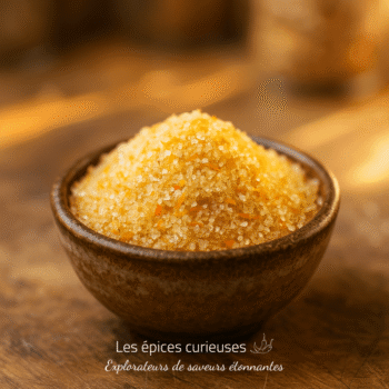 Bol en céramique rempli de semoule de maïs dorée sur une table en bois rustique.