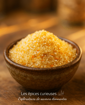 Bol en céramique rempli de semoule de maïs dorée sur une table en bois rustique.