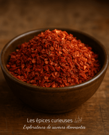 Bol de flocons de piment rouge sur table en bois, utilisé pour épicer les plats.