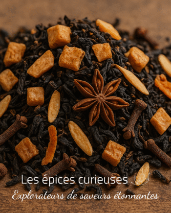 Mélange d'épices : anis étoilé, clous de girofle et fruits secs sur fond de bois, pour infusion ou cuisine.