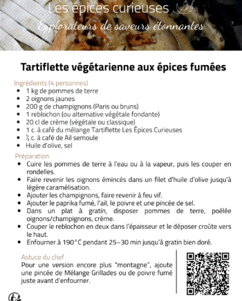 Recette de tartiflette végétarienne aux épices fumées avec ingrédients et instructions de préparation.