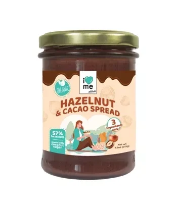 Pâte à tartiner bio aux noisettes et cacao, 57% noisettes, ingrédients sains, pot en verre de 200g.