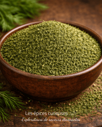 Bol en bois rempli d'aneth séché, posé sur une table en bois, avec des brins d'aneth frais à côté.