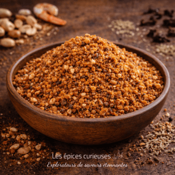 Bol en bois rempli de gari, assaisonnement africain granuleux, entouré de condiments variés sur table rustique.