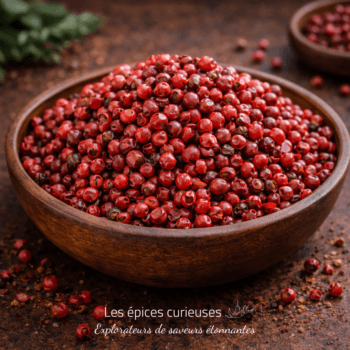 Bol de baies roses fraîches sur une table en bois, idéal pour assaisonnements et cuisine épicée.