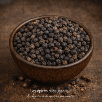 Bol en bois rempli de grains de poivre noir sur fond rustique en bois.