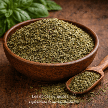 Bol de feuilles de basilic séchées avec cuillère sur table en bois, herbe aromatique pour cuisine.
