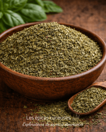 Bol de feuilles de basilic séchées avec cuillère sur table en bois, herbe aromatique pour cuisine.