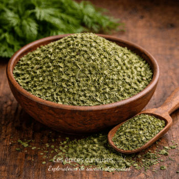 Bol de persil séché avec cuillère sur fond en bois, parfait pour assaisonnement et cuisine aromatique.