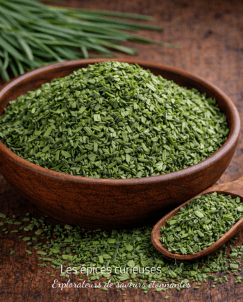 Bol de cive séchée et cuillère en bois sur table en bois, herbe culinaire idéale pour assaisonner les plats.