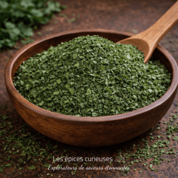 Bol de persil séché haché avec cuillère en bois sur fond rustique, idéal pour assaisonnement culinaire.