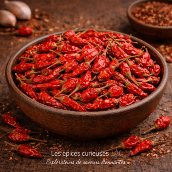 Bol en bois rempli de piments rouges séchés sur une table en bois, épice pour relever vos plats.