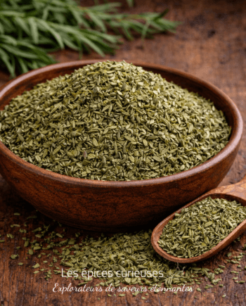 Bol en bois rempli de thym séché avec cuillère sur table rustique en bois brun.