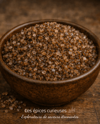 Bol de sel fumé artisanal sur une table en bois, prêt pour rehausser vos plats gourmands.