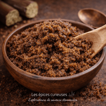 Bol en bois rempli de sucre brun, avec cuillère en bois, posé sur une surface rustique.