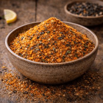 Bol de mélange d'épices vibrantes sur table en bois, accompagné de citron en arrière-plan. Idéal pour relever vos plats.
