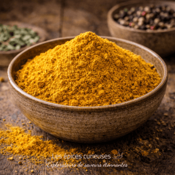 Bol de poudre de curry sur une table en bois avec des épices en arrière-plan.