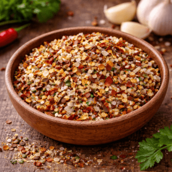 Bol d'épices mélangées sur une table en bois, entouré de gousses d'ail et de persil frais.