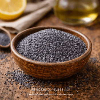 Bol en bois rempli de graines de pavot noires sur une table en bois rustique, avec citron et huile au fond.