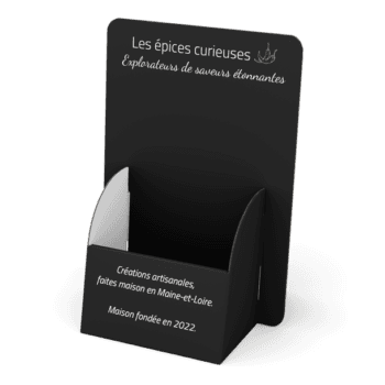 Présentoir « Les épices curieuses » pour créations artisanales du Maine-et-Loire, fondée en 2022.