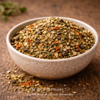 Bol de mélange d'épices coloré sur table en bois, parfait pour assaisonner vos plats.