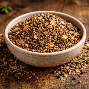 Bol de poivre noir et épices variées sur une table en bois, prêt pour la cuisine et l'assaisonnement des plats.