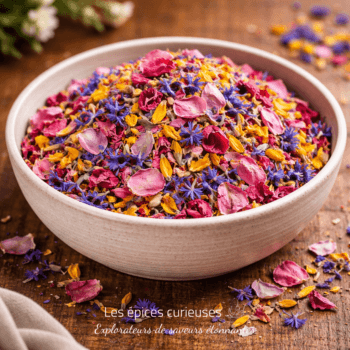 Bol de pétales de fleurs séchées colorées sur une table en bois, idéal pour la décoration ou l'aromathérapie.