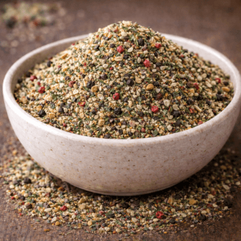 Bol de mélange d'épices variées sur fond rustique, parfait pour rehausser vos plats avec des saveurs riches et colorées.