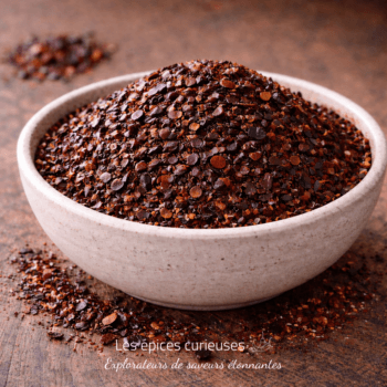 Bol de flocons de piment rouge broyés sur une table en bois, ajout épicé pour rehausser vos plats.