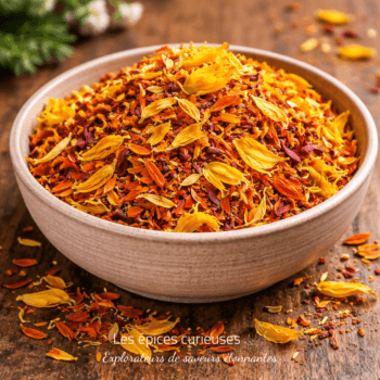 Bol de pétales de fleurs séchées colorées sur une table en bois, idéal pour infusions ou décorations naturelles.