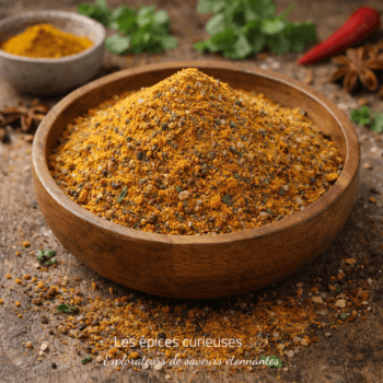 Bol en bois rempli d'épices multicolores, posées sur une table en bois rustique avec des herbes en arrière-plan.