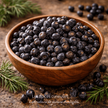 Bol de baies de genièvre fraîches sur une table en bois, entouré de branches de pin.