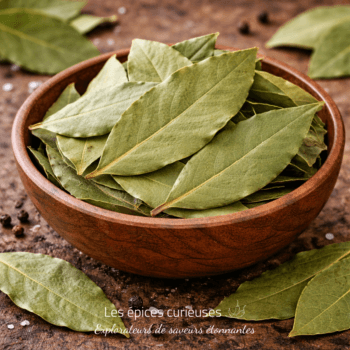 Bol en bois rempli de feuilles de laurier séchées, sur fond rustique avec grains de poivre noir et sel.