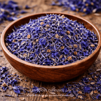 Bol en bois rempli de fleurs de bleuet séchées sur une table en bois, idéal pour des infusions et décorations naturelles.