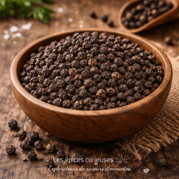 Bol de grains de poivre noir sur table en bois, vue rapprochée pour épices de cuisine aromatique et naturelle.
