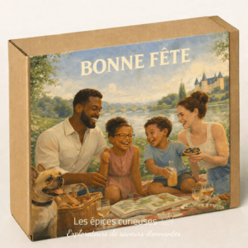Famille heureuse en pique-nique au bord d'une rivière avec un château en fond. Texte Bonne Fête sur la boîte.