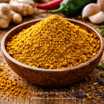 Bol d'épices colorées sur table en bois avec ingrédients frais en arrière-plan.