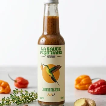 Sauce piquante jamaïcaine, 100ml, ingrédients naturels : thym, gingembre, piment. Épicez vos plats!