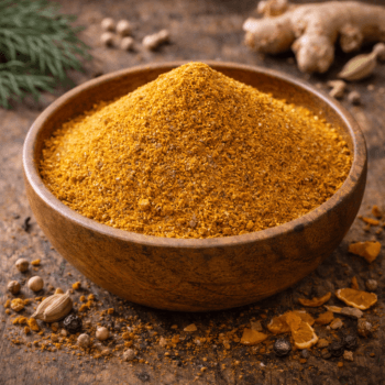 Bol en bois rempli de massala épicé sur une table en bois, entouré de gingembre et de graines variées.